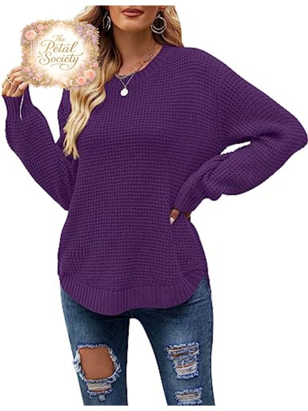 Waffle Knit Oversized Sweater Women's Long Sleeve Crew Neck Lantern Sleeve